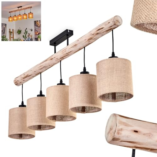 HOFSTEIN Deckenleuchte Soungou, Deckenlampe aus Metall/Holz/Leinen in Schwarz/Naturfarben/Beige, Leuchte im Boho/skandinavischen Design mit Holzstab, 5xE27, Wohnzimmer, Esszimmer, Schlafzimmer, Küche