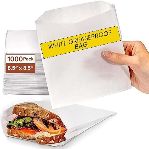 [1000 Pack] Greaseproof White Paper Bags - (8.5'' x 8.5'') Eco-Friendly & Biodegradable Sandwich Bags for Snacks, Lunch - Ideal for Sweets & Food - Food Grade Carbon Neutral Packaging
