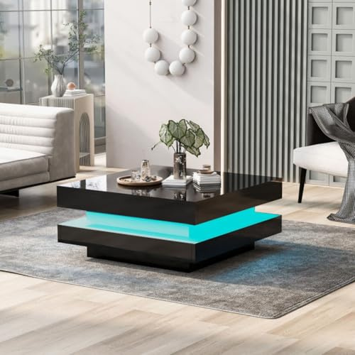 KOMHTOM Table basse noire avec LED, table de salon moderne, table d'appoint carrée pour salon chambre à coucher (Noir)