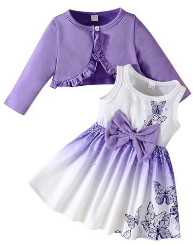 Kunyeah Conjunto de Vestido y cárdigan para bebé niña Abrigo de Encogimiento de Hombros con Volantes para bebés Falda con Estampado de Mariposas Atuendo de Manga Larga para niños pequeños