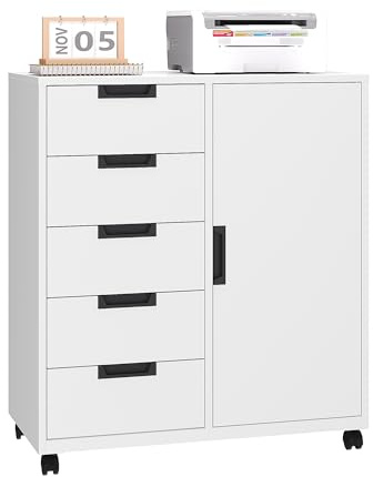 LISSIMO Office Storage Cabinet, 5 Drawer Metal Cabinet w/Universal Wheels, Printer Stand with Storage Shelves, Craft Storage Drawers, Rolling File Cabinets for Home Office (White)