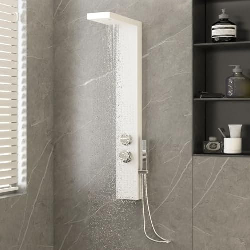 SFSLBFB Duschpaneel aus weißem Aluminium. Duschpaneel mit Mehreren Funktionen, Säulenturm. Mit Wasserfall-Regenduschkopf, Körperdüsen, Handbrause und Wanneneinlauf. An der Wand montierte Dusche