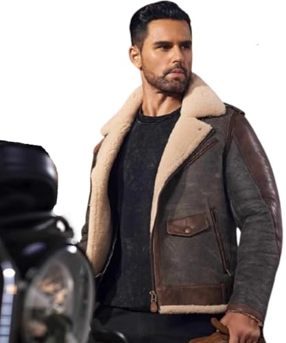 Denny&Dora Herren-Shearlingjacke Schräger Reißverschluss Motorrad-Schaffelljacke Verdickter Air Force-Fluganzug Lederjacke (DE/NL/SE/PL, Alphanumerisch, S, Regular, Regular, Grau)