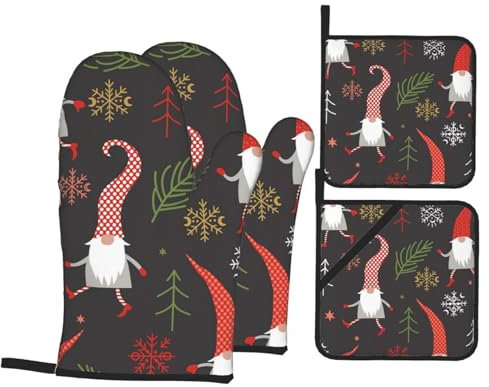 Ofenhandschuhe und Topflappen-Set, niedliche Zwerge, Schneeflocken, hitzebeständig, Küchen-Backhandschuhe, rutschfeste Oberfläche zum Kochen, Backen, Grillen, Grillen