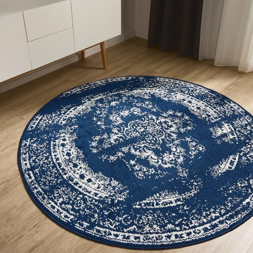 benuta Basic Teppich Sia - Blau 160 cm Rund - Kunstfaser - Rund & im Style: Vintage, Boho-Style, Retro - Pflegeleicht für Wohnzimmer Schlafzimmer