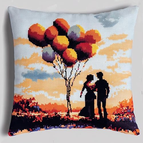 WallustrioaW Scena romantica kit gancio di chiusura,Palloncino d'amore,Kit Gancio di Chiusura Fai-da-Te 3D Ricamo Stereo Divano Cuscino Fodera Per Bambini E Adulti,43x43cm
