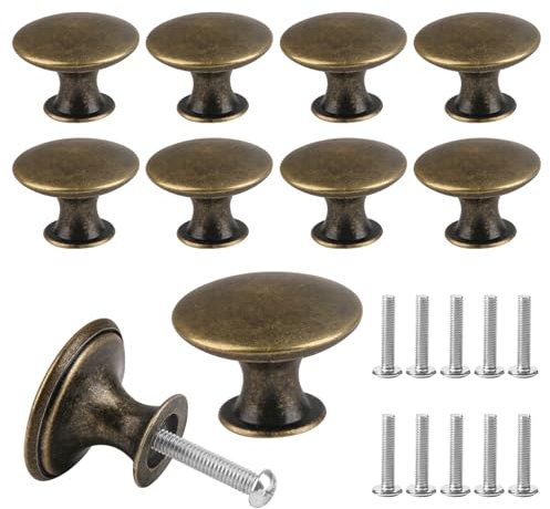 QTMMC 10 Pcs Vintage Round Drawer Handles, Antique Bronze Cabinet Knobs with Screws, 30mm Round Furniture Door Knobs for Cupboard, Wardrobe, Dresser, Kitchen, 30x21mm