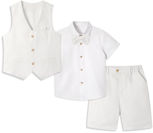 LOLANTA 4PCS Page Boy Short Suit Boys Wedding Suit Kids Gentleman Waistcoat Shorts Suit Set, Linen Summer Waistcoat Set, Christening Ceremony Prom Birthday Partywear, Waistcoat+Shorts+Shirt+Bowtie