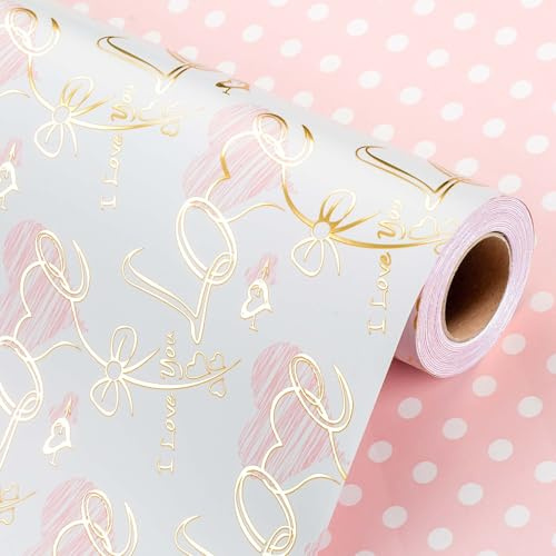 Wikadlik Geschenkpapierrolle, 43 cm x 10 m, romantisch, mit Aufschrift Love, mit rosa Schleife, gepunktet, für Hochzeiten, Valentinstag, Braut, Muttertag