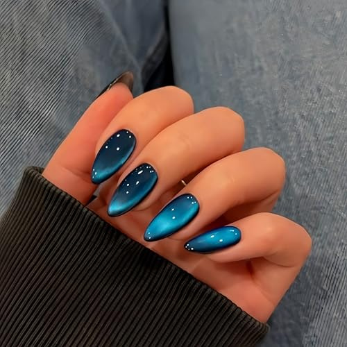 KQueenest Cat Eye Press On Nails - Schwarz Nägel zum Aufkleben Mandel Mittel, Sparkle Glitzer Blau Fake Nails Set, Luxus Bling Acryl Künstliche Fingernägel zum aufkleben für Frauen, 30 Stück