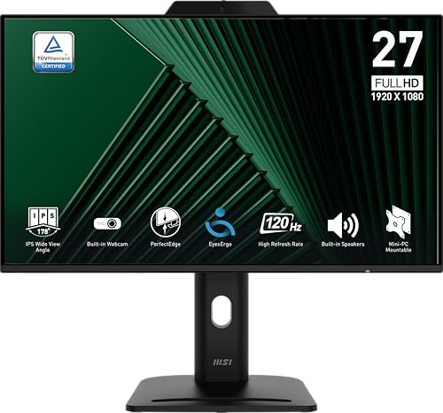 MSI PRO MP272PMG, 61.0 cm IPS 1920x1080 (FHD) Computer Monitor, 120Hz, Webcam, Adaptive Synch, EPEAT Silver, HDMI, DisplayPort, VGA Port, VESA Mountable, Tiltable, Height-Adjustable, Speaker, 1ms