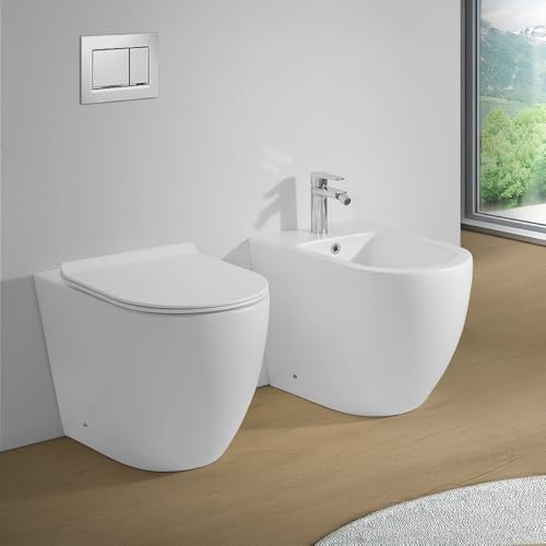 Sanitari Filomuro in Ceramica Bianco Opaco con Copriwc Soft Close e Scarico a Tornado – Set WC e Bidet Linea Tokyo Design Moderno