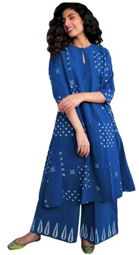 GoSriKi Women's Rayon Viscose A-Line Printed Kurta with Palazzo, Blue, M