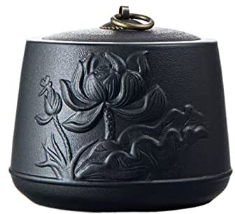 porta tè Contenitore for il tè in porcellana for tè sfuso, contenitore for il tè in ceramica opaca con coperchio sigillato, foglie di loto e fiori in rilievo, 830 ml scatola per tè in ceramica(Nero)