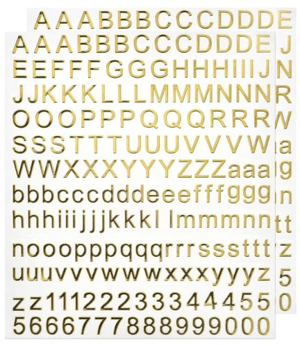 YAPKOLV 2 Fogli Adesivi in Resina con Lettere 3D A-Z/a-z/0-9 Mini Alfabeto Adesivo con Finitura Metallica Lucida per Resina, Unghie, Scrapbooking (3mm) (oro)