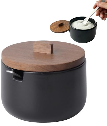 KOOK TIME Azucarero de Cerámica CURVE con Cuchara - Tarro Pequeño con Tapa de Madera de Acacia. Recipiente para Azúcar, Sal, Especias o Queso Rallado. 10.5 x 9 cm. - Negro mate