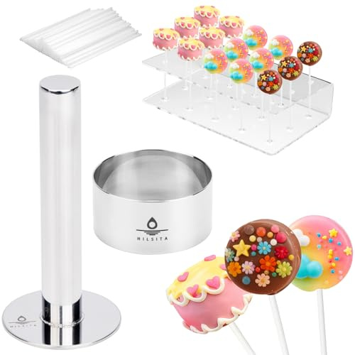 Hilsita Cake Pop Mold Kit, 2 Inch Cake Pop Cutter And Pusher with Cake Pop Holder Stand & Sticks; Stainless Steel Baking Molds for Home Baking, Birthday Parties, Wedding Desserts