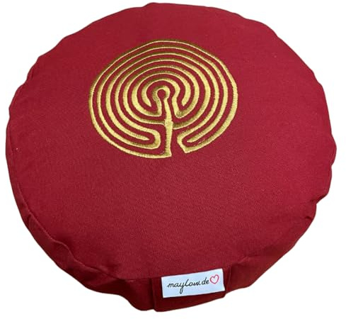 maylow Yoga mit Herz Yogakissen H15 cm Stickerei Shanti Sonne oder Labyrinth waschbarer Bezug gefüllt Buchweizenspelzen bequem, hochwertig, personalisierbar nach Wunsch
