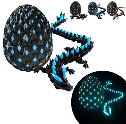 3D Printed Dragon Eggs with Dragon Inside - 11.8in Articulated Fidget Animals Glow in The Dark, Interesting Decorative Gift, Home & Office Decor - Upgraded 2026 Collectible Easter Basket Filler (Blue)