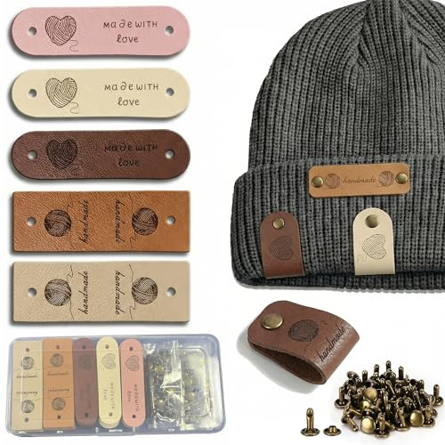 VVQWCY 25 Stück Handmade Label mit 50 Paare Nieten, Handgemachte Lederetiketten Zum Annähen für Häkeln Kleidung Hüte Schals Handschuhe