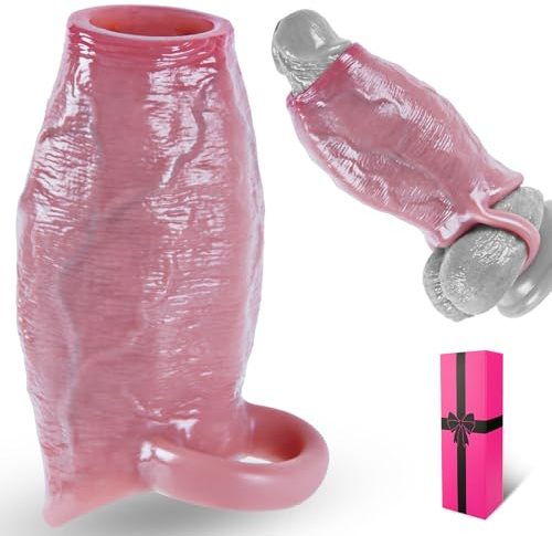 Funda de pene engrosada realista de silicona de 5,5 cm de diámetro, reutilizable, para agrandar el glande abierto con anillo elástico, retrasa la eyaculación y mejora la erección. Juguete para adultos