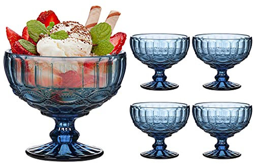 Dibor Set of 4 Dessert Bowls Blue Glass 300ml Embossed Glass Trifle Ice Cream Sundae Dishes (CP46)