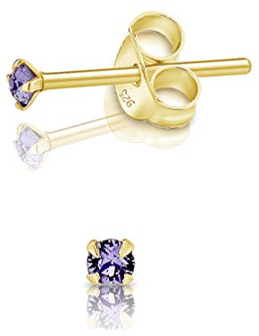 Pendientes de Botón Plata Ley 925 Chapados Oro 24K on Cristales Brillantes Tanzanita 2 mm - Pendientes Dorados para Mujer - Punto de Luz Hipoalergénicos