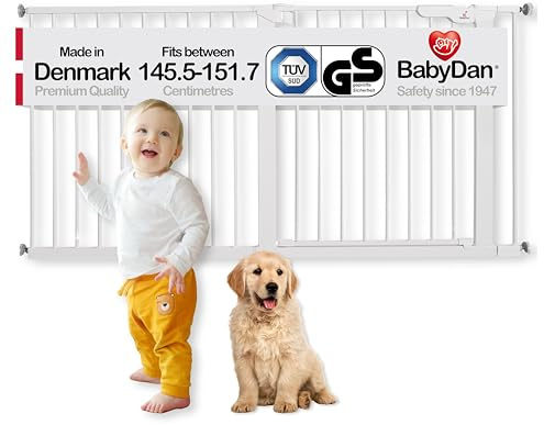 BabyDan Premier, Extra breit Ohne bohren Treppenschutzgitter, 145,5-151,7 cm, Babygitter/Sicherheitsgitter, Metall, Weiß, Hergestellt in Dänemark - (Haustiergitter/Hundegitter)