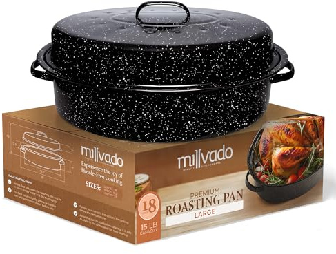 Millvado Roasting Pan With Lid, Turkey Roaster Pan, Extra Large 18 lb Capacity, 18 Granite Oven Roaster Oval Shaped Speckled Enamel on Steel Cookware