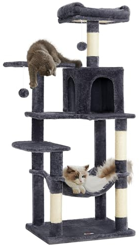 Feandrea Árbol para Gatos, Altura 143 cm, Torre de Gatos, con 4 Postes Rascadores, 2 Plataformas, 1 Cueva, 1 Hamaca, 2 Pompones, Tela de Felpa, Multinivel, Gris Ahumado PCT161G01