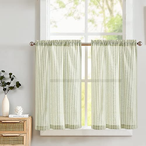 Lazzzy Küchenvorhänge, Leinen, gestreifte Vorhänge, grüne Ebenen, Curatins, Café-Vorhänge für Badezimmer, Küche, Bauernhaus, Vorhänge, 91.4 cm, Stangentasche, 2 Paneele, Set Salbei auf Beige
