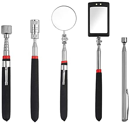 SUQ 5PCS Magnétique Ramassage d'outils Kit, Outils de Préhension de Ramassage Télescopique Magnétique, 15 lb / 1 lb / 8 lb, Pivotant à 360 °Miroir d'Inspection Rond/Carré avec Lumière LED