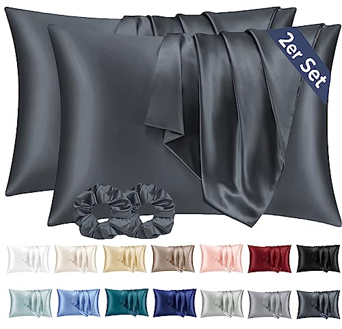 Vielit 2 Stück Satin Kissenbezug 40x60 Dunkelgrau, Weich wie Seidenkissenbezug, Bessere Pflege als Silk Pillosecase, Satin Kopfkissenbezug Kissenhülle für Haar und Haut kommt mit 2 Haargummis