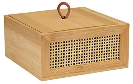 WENKO Badbox Allegre M, dekorative Box mit Deckel im trendigen Boho-Style aus hochwertigem Bambus und Rattan-Geflecht, zur Aufbewahrung von Badutensilien oder Accessoires, 15 x 7 x 15 cm, Natur