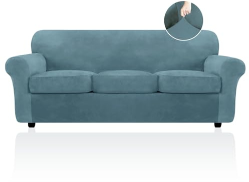 FestiCorp Velvet Sofa Covers for 3 Seat Cushion Couch Sofa Slipcovers, Stretch 4 Piece Couch Cover, Thick Furniture Covers for Dogs Pets, Sofa, Stone Blue