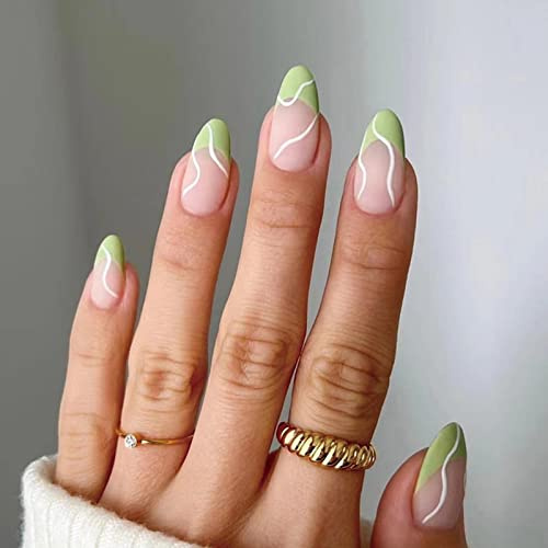 AKOFIC 24 Stück Press on Nails Kurz, French Mandel Acryl Künstliche Nägel, Nägel Zum Aufkleben mit Jelly Nagelkleber, Fake Nails für Frauen Mädchen (Matt Grüner Nude)
