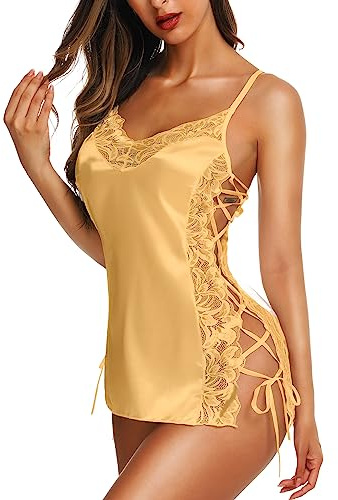 RSLOVE damunderkläder babydoll silke nattkläder sexiga tofflor spets nattlinne negligéer, Champagne, XL
