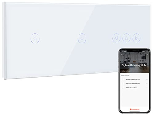 BSEED Zigbee Interrupteur Double avec Variateur de Lumière,1 Gang 1 Voie Interrupteur Connecté WiFi Blanc,Compatible avec Alexa et Google Home,Contrôle Vocal et Fonction de Temps(NÉCESSITE TUYA HUB)