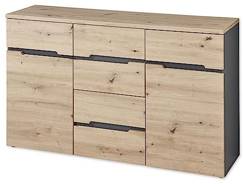 MEMPHIS Sideboard in Artisan Eiche Optik, Graphit - Moderne Kommode mit viel Stauraum - 135 x 82 x 38 cm (B/H/T) | 135 x 82 x 38 cm (B/H/T), 2 Türen, 4 Schubkästen, 4 Fachböden, individuelle Griffleisten, viel Stauraum