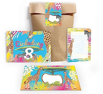 6 Einladungskarten zum 8. Geburtstag Einladung Kindergeburtstag Mädchen Karten Jungen Safari Giraffe Zebra Pferd Sahara incl. 6 Umschläge, 6 Tüten, 6 Aufkleber, 6 Blöcke