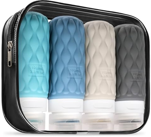 Lericttor 4 Stück Reiseflaschen Zum Befüllen Set 100ml Mit Etiketten | Auslaufsichere Silikon Reiseflaschen Behälter mit Clear Bag für Shampoo und Conditioner, Travel Essentials & Reise Gadgets