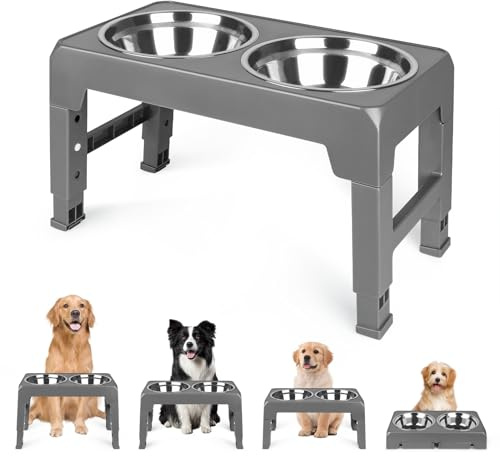 HUOLE Gamelle Eau Surélevéede 3 Hauteurs Ajustables,2 in 1 gamelle surelevee pour Chien avec gamelle Chien Anti eclaboussure et gamelle Chien INOX,Convient aux Petits,22/26/28cm-44 * 24 * 8cm-Gris