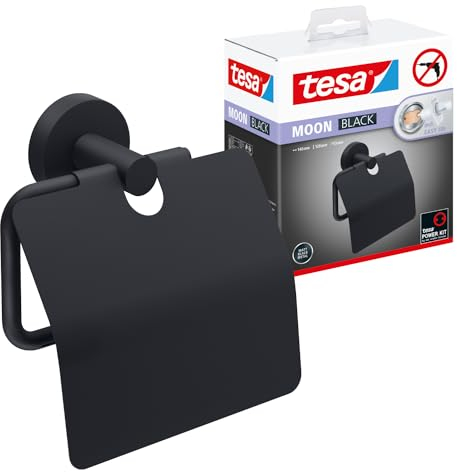 tesa Moon Black Toilettenpapierhalter mit Deckel, matt schwarz - WC-Rollenhalter zur Wandbefestigung ohne Bohren, inkl. Klebelösung - 53 mm x 140 mm x 128 mm