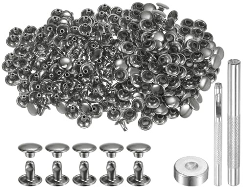 QUARKZMAN 200 Juegos Remaches de Cuero 8mm X 6mm Remaches de Metal de Doble Tapa Sujetadores Con 3 Instalación Herramientas para manualidades Cuero Manualidades Gris Oscuro