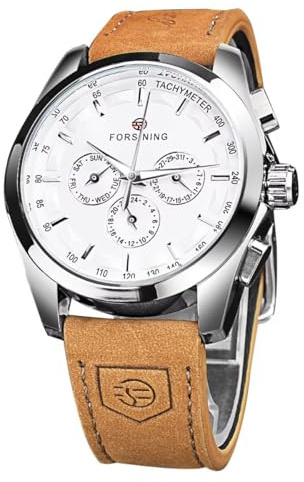 DAXIAOYU Orologio da polso meccanico da uomo, automatico, militare, con cinturino in vera pelle, analogico, visualizzazione della data, casual, luminoso, bianco