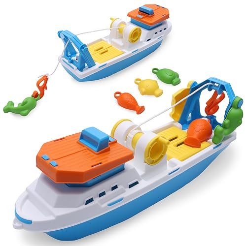Toyland® 40cm (16) Bateau de Pêche Coloré de avec Portes Mobiles, Hameçon et 4 Poissons en Plastique - Jouet Aquatique Flottant pour Enfants - Jouets pour Piscine et Bain - 3 Ans et Plus