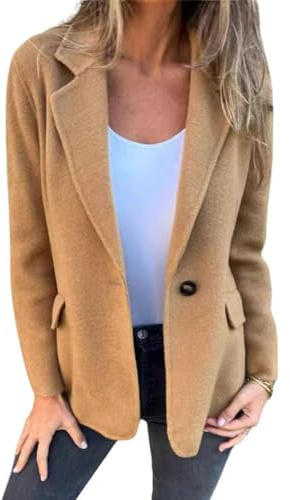 CHARTOU Women Solid Color Blazer Wool Blend Causal Business Office Open Front Short Jacket Pea Coat (Medium, Khaki)