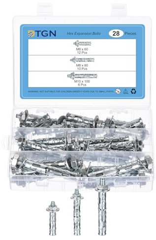 DTGN M8x60 M8x80 M10x100 Combination Set Hex Expansion Bolts - 28Pack - Good for Concrete Dry Brick Block Wall - Carbon Steel - Silver