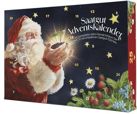 Adventskalender - 24 Samen & komplettes Gewächshaus 37 x 25 x 5 cm | Gentechnikfrei - Mit Wachstumsgarantie - - Samen Advent - Saatgut Adventkalender
