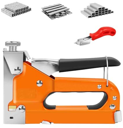 Handtacker Set, 3 in 1 Leistungsstarker Holztacker mit 3000 Klammern, Regulierbarer Schusskraft, Tackerpistole für Tischlerei, Dekoration, Kabelbefestigung, Inkl Klammerentferner